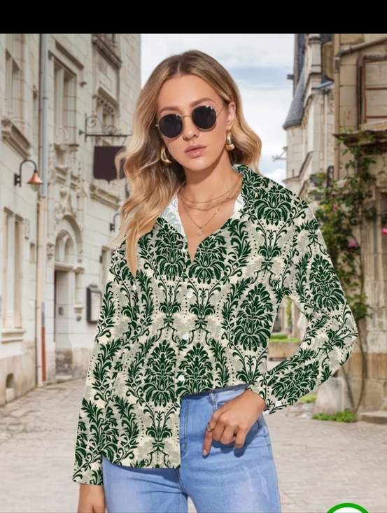 Temu Tops - Classic Green Damask Button-Down Shirt - Women's